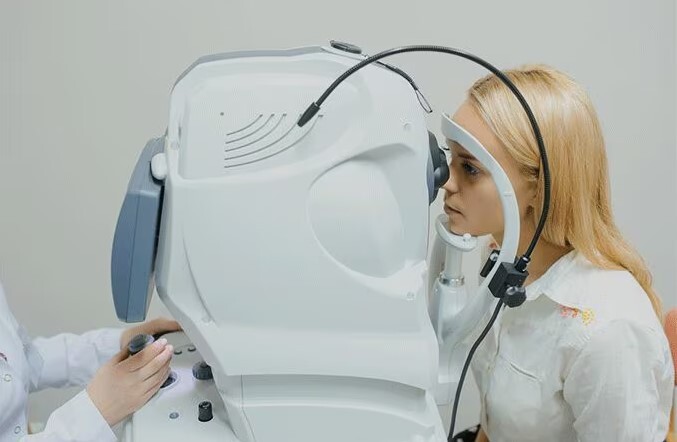 Pacients veic redzes pārbaudi ar optometrista iekārtu Rīgas 1. slimnīcā. Redzes pārbaude, optometrists.