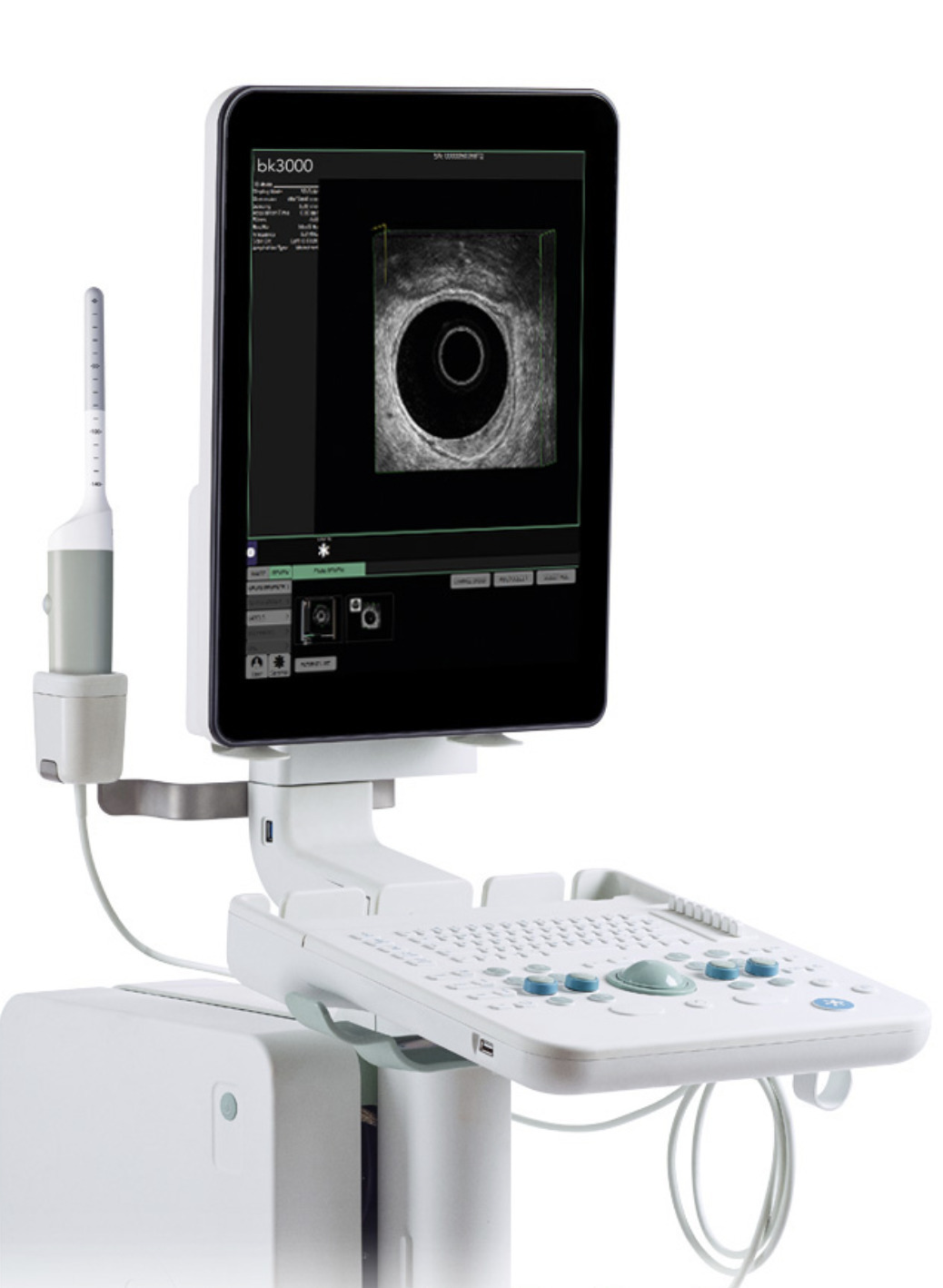 Ultraskaņas iekārta bk3000 ar ekrānu un vadības paneli, izmantojama medicīnas diagnostikā.