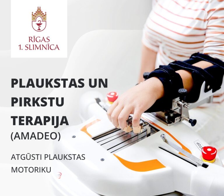 Attēls ar roku terapijas ierīci un tekstu "Plaukstas un pirkstu terapija (Amadeo)". Rīgas 1. slimnīca.