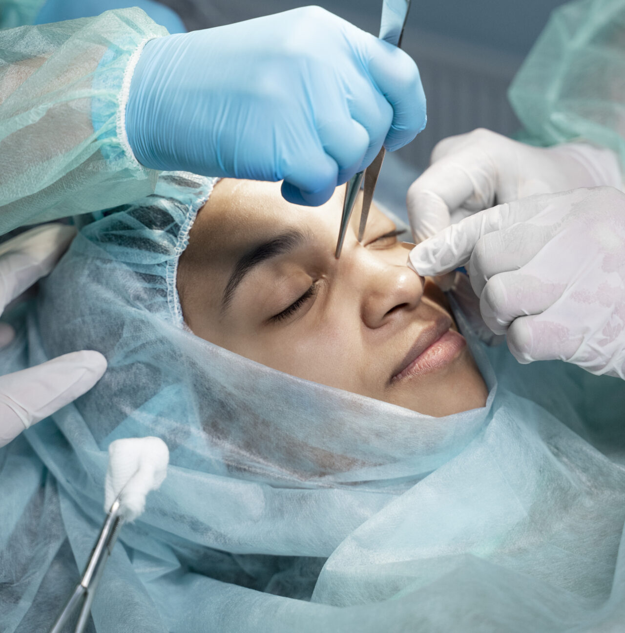 Ķirurģiska procedūra, kurā tiek veikta deguna korekcija. Pacients guļ, apkārt ir medicīniskais personāls.