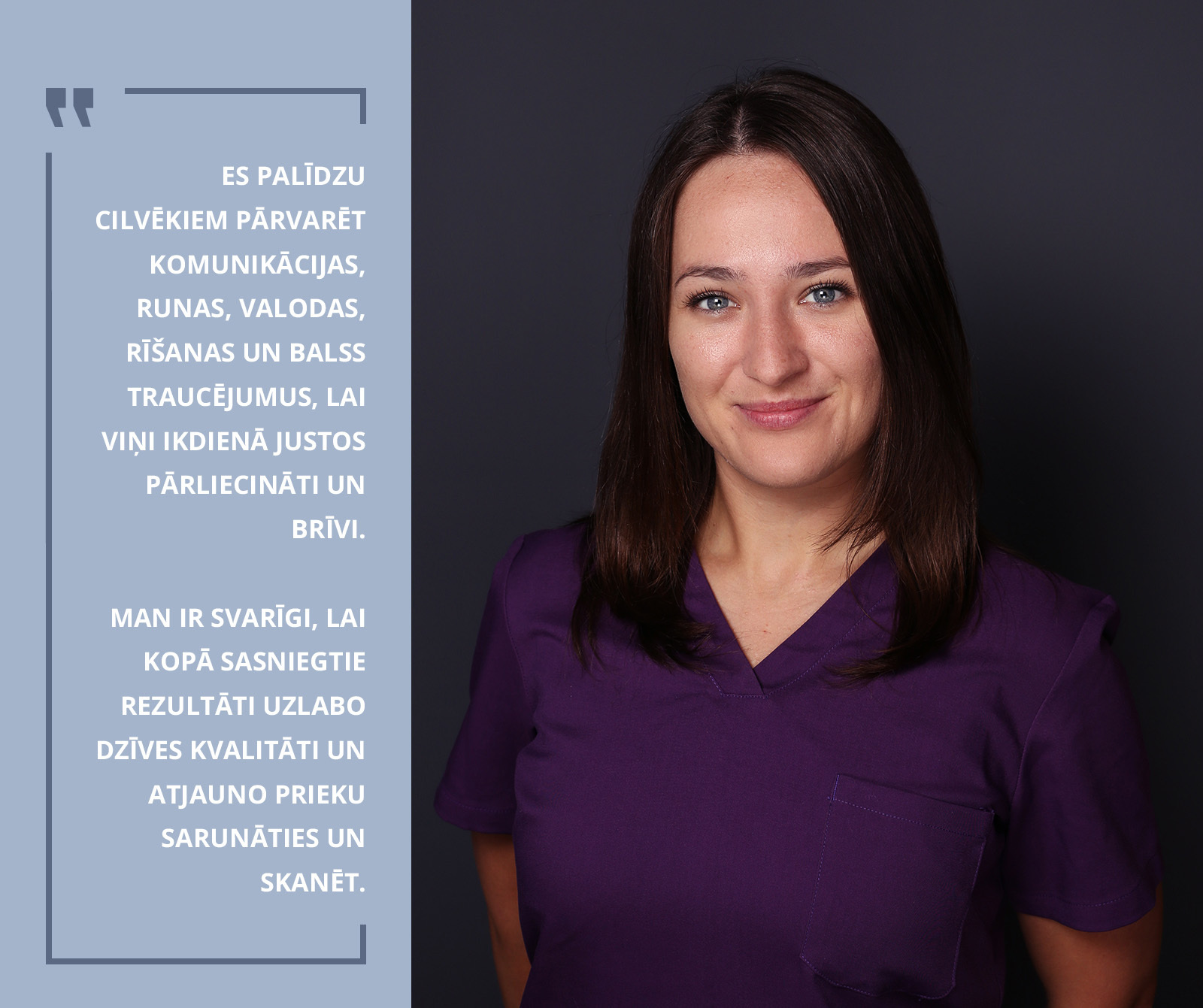 Sieviete violetā medicīnas tērpā, runā par komunikācijas un dzīves kvalitātes uzlabošanu.
