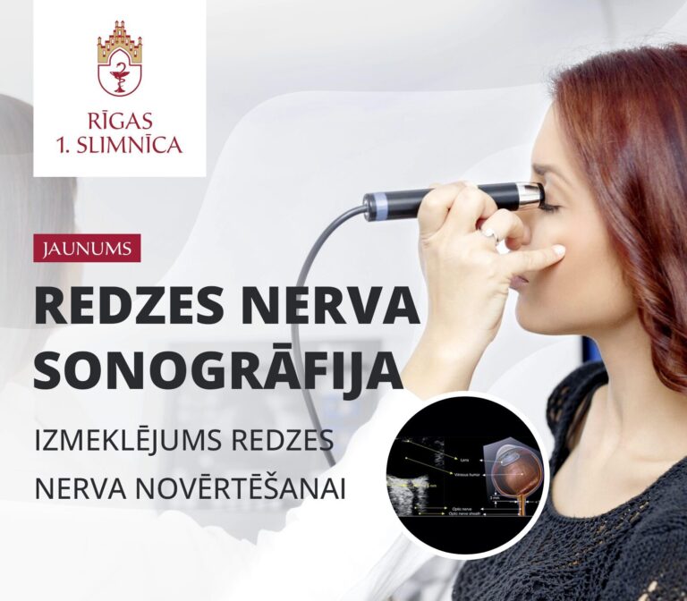 Attēlā redzama sieviete, kas veic redzes nerva sonogrāfiju. Teksts: "Jaunums, redzes nerva sonogrāfija".