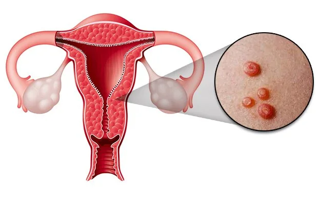 Uterus un olnīcas ar tuvplānu uz ādas izsitumiem, kas atgādina kārpas. Rīgas 1. slimnīca.