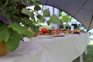 Galda klāšana ar dažādiem ēdieniem un ziediem, notiek Rīgas 1. slimnīcas teritorijā.